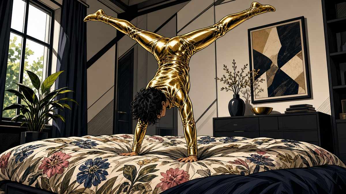 Is a shiny gold catsuit the real reason people invent bedroom yoga?