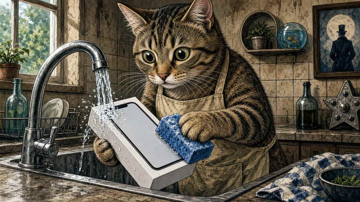 Would you trust a cat in an apron to wash your brand-new iPhone box?