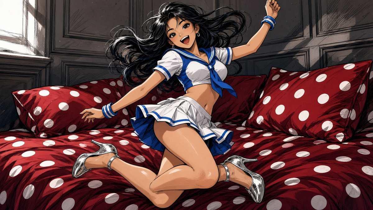Is a sailor-cosplay bed bounce the softest rebellion against gravity?