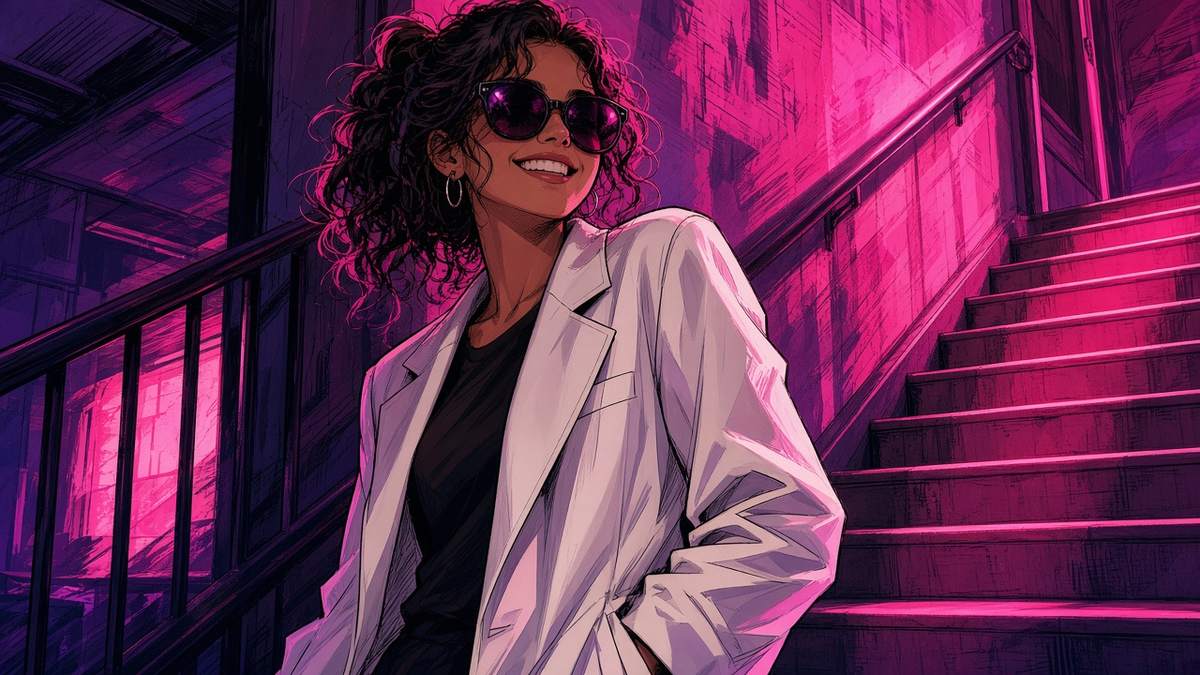 Is a neon-pink stairwell selfie with oversized sunglasses peak main-character mode?