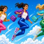 Can three friends in shiny leggings actually jump into the clouds?