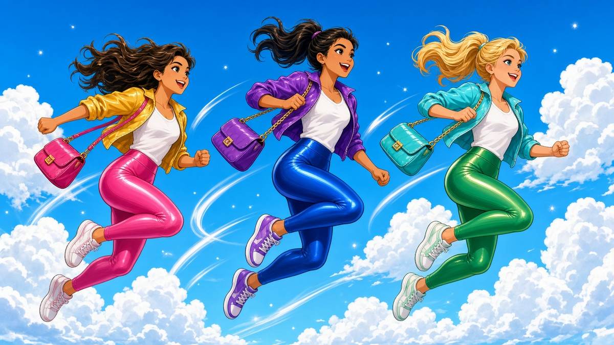 Can three friends in shiny leggings actually jump into the clouds?
