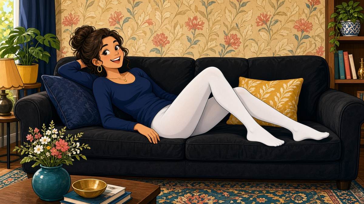 Are white tights the boldest move in a cozy living room?
